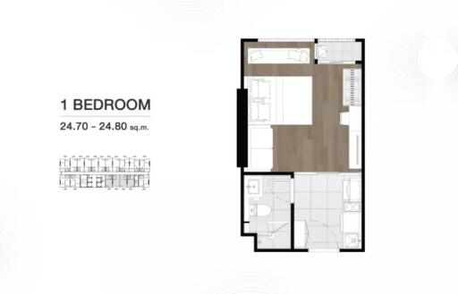 1-bedroom floor plan with dimensions and layout