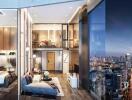 Luxurious high-rise bedroom with city view