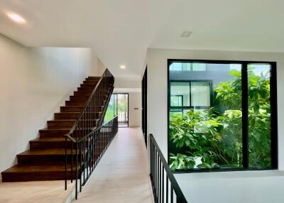 Well-lit hallway with indoor plants and large windows