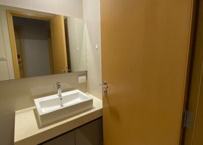 Modern bathroom with sink and wooden door