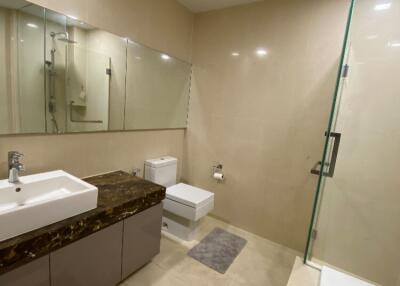 Spacious modern bathroom with vanity, toilet, and shower area