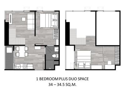 1 bedroom plus duo space floor plan layout with dimensions of 34 to 34.5 square meters