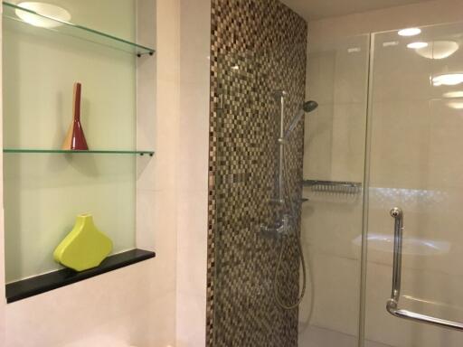 Modern bathroom with glass shower and decorative elements