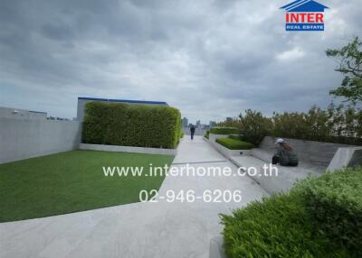 Rooftop garden area with greenery and pathways