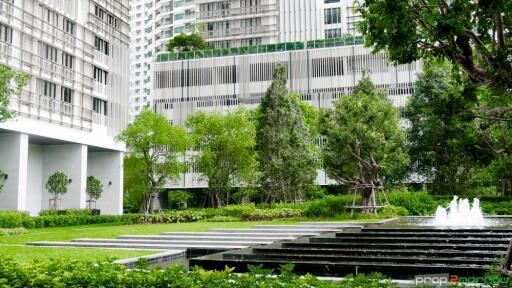 Modern building surrounded by greenery with a fountain