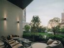 Patio with modern seating area and garden view