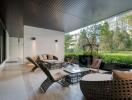 Modern covered patio with outdoor seating and garden view