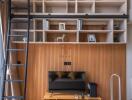 Modern living room with a loft-style bookshelf and entertainment center