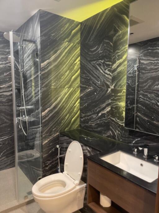 Modern bathroom with dark marble tiles