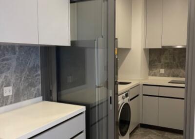 Modern kitchen with integrated washer-dryer and sleek cabinets