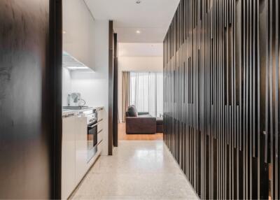 Modern narrow hallway with kitchen and living room