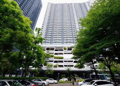 High-rise residential building with greenery and parked cars