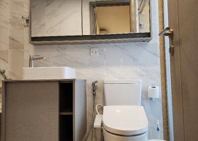 Modern bathroom with vanity, mirror cabinet, and toilet