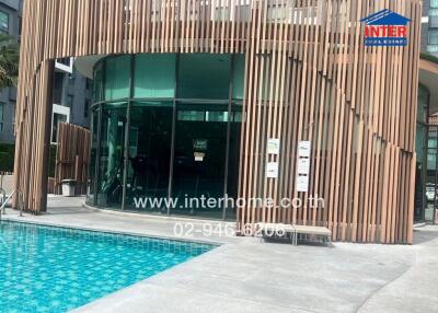 Modern building facade with a pool