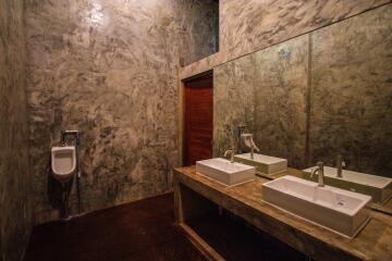 Spacious bathroom with double sinks and a urinal