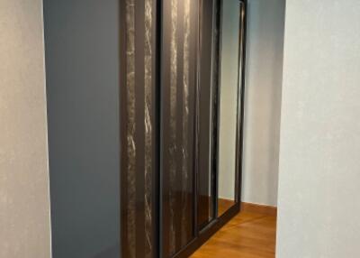 Modern hallway with wooden flooring and built-in closet