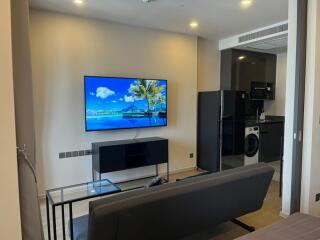 Modern living area with TV and kitchenette