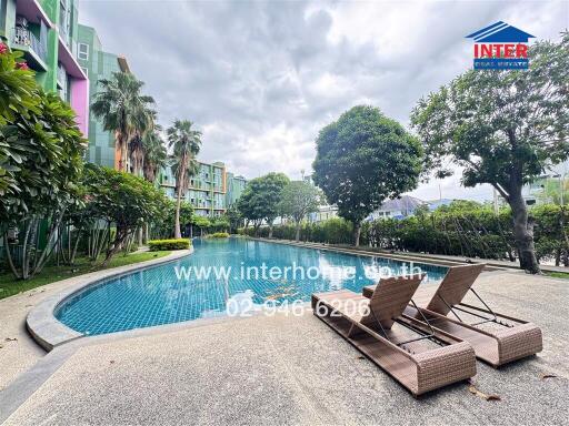 Swimming pool with lounge chairs and surrounding greenery