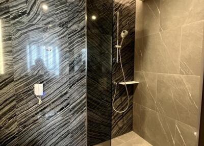 Modern bathroom with sleek shower area and toilet