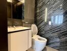 Modern bathroom with sleek design and dark marble walls