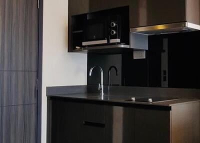 Modern kitchen with dark cabinetry and built-in appliances