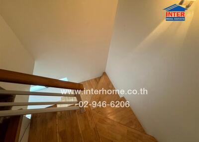 Wooden staircase with handrail and light