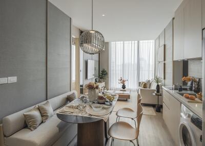 Modern living and dining area with kitchen