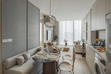 Modern living and dining area with kitchen