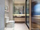 Modern bathroom with shower and large mirror