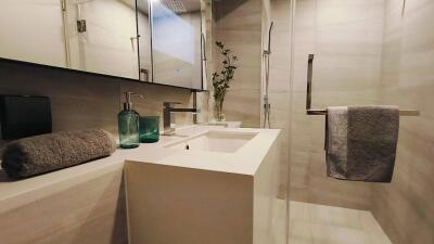 Modern bathroom with vanity and shower