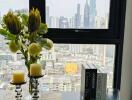 A modern dining area with a cityscape view