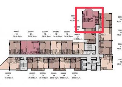 Building floor plan highlighting a specific apartment