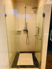 Image of a glass-enclosed shower with overhead and handheld showerheads