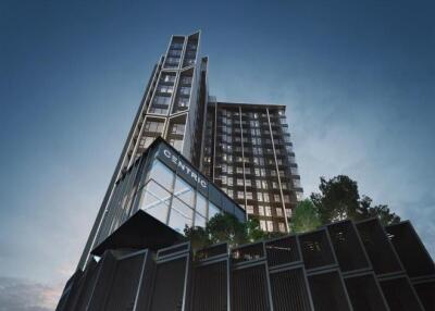 Tall modern apartment building in the evening