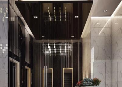 Modern building lobby with elegant lighting and decorative elements