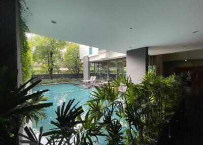 Outdoor swimming pool area with greenery