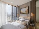 Modern bedroom with large windows and city view