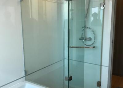 Modern bathroom with glass shower enclosure and bathtub