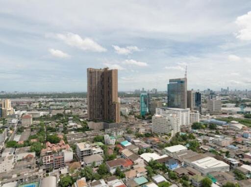 Aerial view of a city with tall buildings