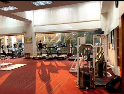 Gym with modern exercise equipment and large windows