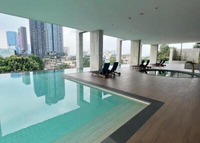 Indoor pool with city view