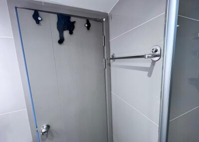 Bathroom with door, towel rack, and hooks