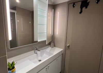 Modern bathroom with vanity and large mirror