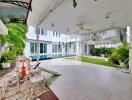 Spacious covered outdoor area with garden and pool