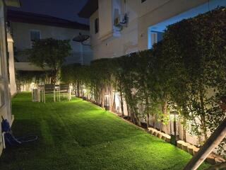 Evening view of a well-maintained backyard with greenery and outdoor seating