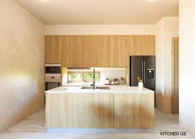 Modern kitchen with wooden cabinets and a kitchen island