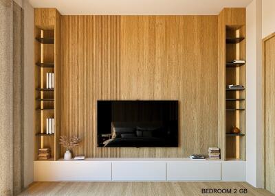 Modern living room with wooden paneled wall and TV