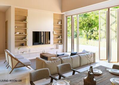 Modern living room with wooden shelves, large windows, and dining table.