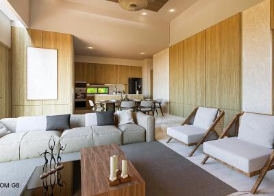 Modern living room with wooden panels and furniture