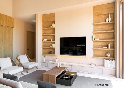 Modern living room with built-in wooden shelves and large TV